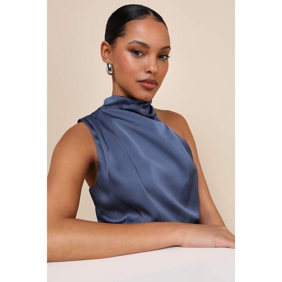 NWT Lulus Distinctive Charm Slate Blue Satin Asymmetrical Maxi Dress Wedding 1X - Picture 7 of 8